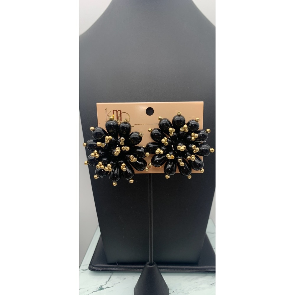 Vintage New Old Stock KMQ Chunky Gold Tone & Black Star Cluster Clip On Earrings